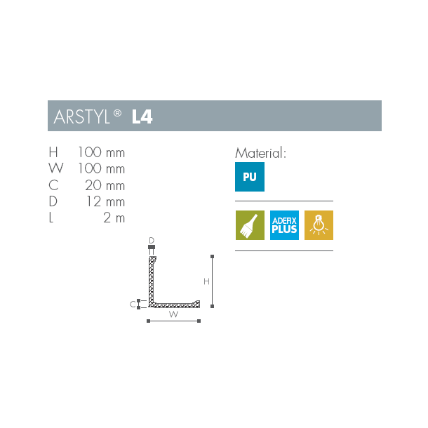 Stuk - Arstyl - L4 - 2 m - 100 mm x 100 mm x 20 mm x 12 mm