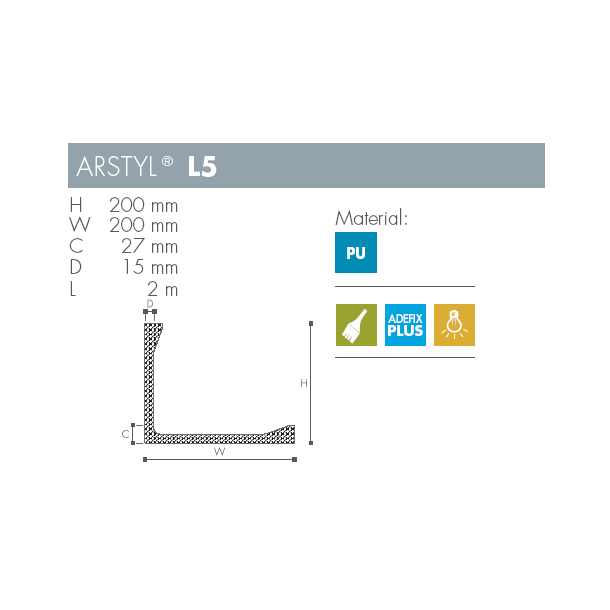 Stuk - Arstyl - L5 - 2 m - 200 mm x 200 mm x 27 mm x 15 mm