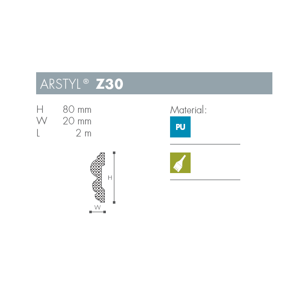 Dekorationsliste - Arstyl - Z30 - 2 m - 80 mm x 20 mm